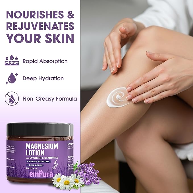 Lavender Magnesium Lotion, Nighttime Magnesium Cream with Chamomile, Shea Butter & Jojoba Oil - Muscle Relief & Relaxation for Legs, Arms, Feet - Christmas Gifts for Women (4oz)