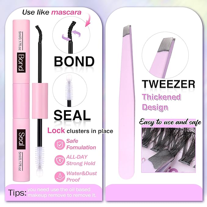 TOOCHUNAG Lash Clusters Kit 432pcs Eyelash Extension Kit 30D+40D DIY Lash Extension Kit 9-16mm D Curly Wispy Individual Cluster Lashes Kit with Lash Bond and Seal, Tweezers for DIY at Home