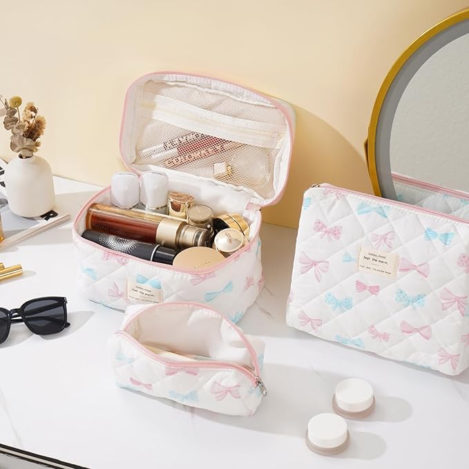 Makeup Bag for Women 3PCS Quilted Cotton Make Up Bag Travel Cosmetic Bag Large Makeup Bag Set Cute Bow Makeups Organizer Floral Toiletry Pouch for Purse, Bow F