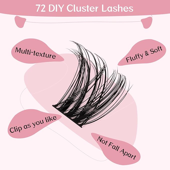 Cluster Lashes 72 Pcs Lash Clusters DIY Eyelash Extension Individual Cluster Eyelashes Tender Style Self-Application Fluffy Super Thin Band Reusable Soft & Comfortable(Tender-D-8-16mix)