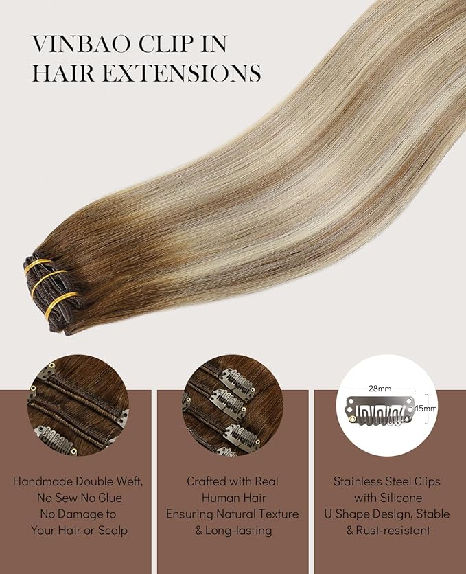 VINBAO Clip in Human Hair Extensions 6pcs 120g 22inch Balayage Color 3 Fading to 8 and Highlight 22 Medium Blonde Clip in Hair Extensions Straight Remy Human Hair Skin Weft (#3/8/22, 22'')