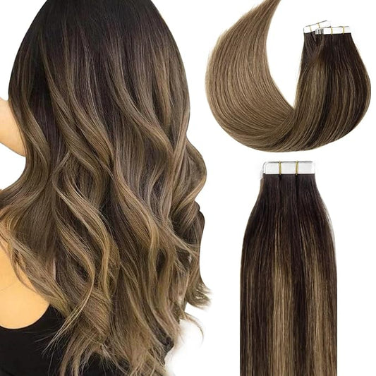 Lacer Hair Natural Tape in Hair Extensions Human Hair Invisible Balayage Color Darkest Brown Fading to Chestnut Brown B#2/6 Remy Human Hair Tape in Extensions 18 Inch