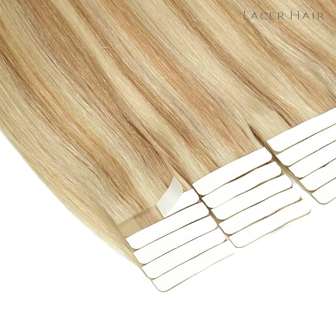 Lacer Tape in Human Hair Extensions 18 Inch 100G 40Pcs Golden Blonde to Platinum Blonde Hair Extensions Real Human Hair Tape in Straight Hair