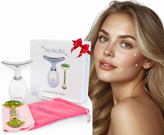 7 LED Light Beauty Tool – Face and Neck Massager with Jade Roller, Case, and Cloth (White)