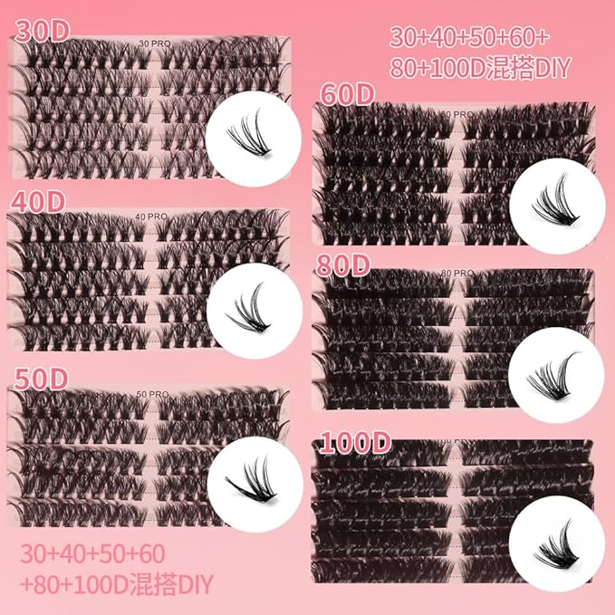 DIY Lash Clusters Kit Lash Extension Kit, 540pcs,30D&40D&50D&60D&80D&100D, 9-16mm, D Curl, Natural Volume Lash Extensions Wispy Eyelash Clusters Individual Lashes Kit,10#Black