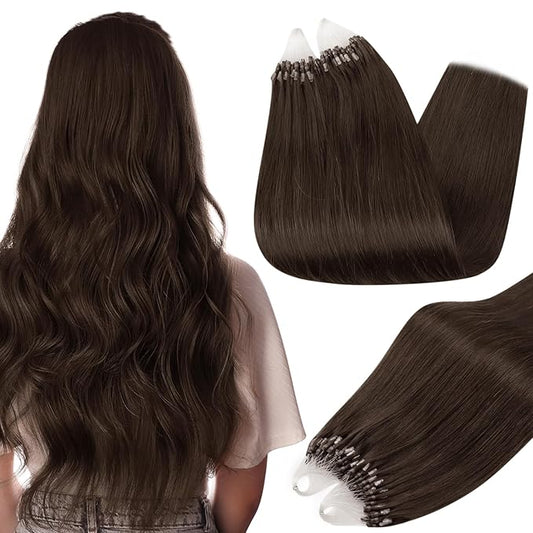 Full Shine Microlink Hair Extensions Human Hair 16 Inch Micro Loop Hair Extensions Real Human Hair Color 2 Dark Brown 50 Grams Easy Installation add Volume for Women