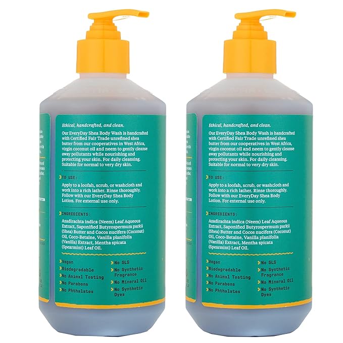 Alaffia Everyday Shea Body Wash, Naturally Helps Moisturize and Cleanse Without Stripping Natural Oils with Fair Trade Shea Butter, Neem, and Coconut Oil, Vanilla Mint, 2 Pack - 16 Fl Oz Ea