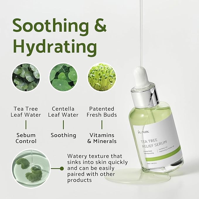 IUNIK Tea Tree Relief Vegan Serum for Acne-Prone Skin – Non-Sticky & Lightweight Facial Ampoule with Centella Asiatica for Soothing, Calming, and Balancing – Korean Skincare