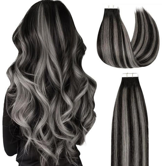 Lacer Grey Tape in Hair Extensions Human Hair Highlight Natural Black to Silver Balayage Tape in Hair Extensions 12 Inch 20pcs/30g