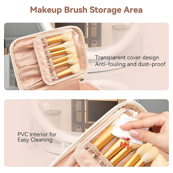 OCHEAL Makeup Bag, Make Up Bag for Cosmetics Vertical Storage,Toiletry Bag for Skincare Makeup Organizer Bag for Travel,With Makeup Brushes Compartments & Dividers -Beige