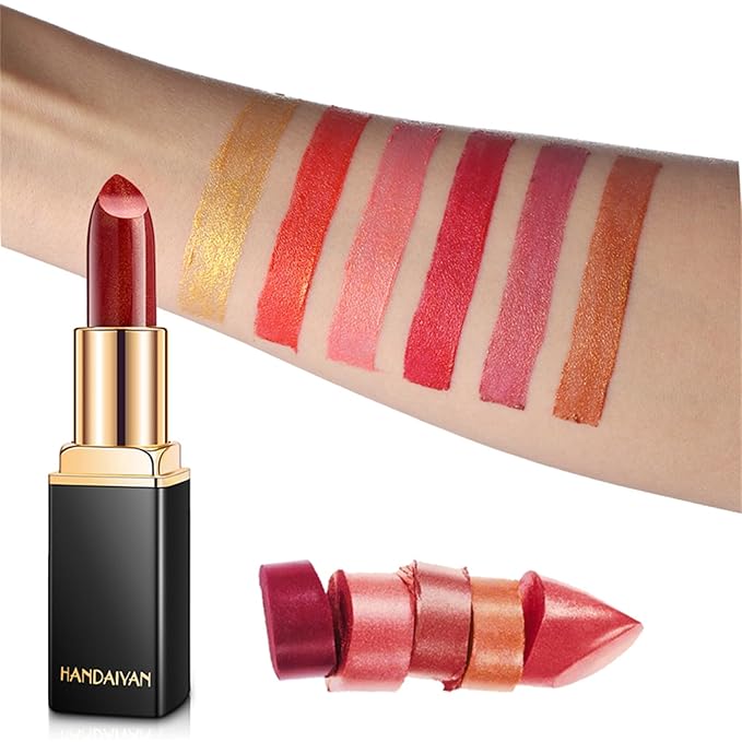 3Pcs Metallic Glitter Lipstick Set, Orange Rose Purple Pink Glitter Pearl Mermaid Shimmer Lipstick Sets for Women Waterproof Long Lasting 24 Hours Lip Stick Makeup Christmas Gift Sets-07#08#09#