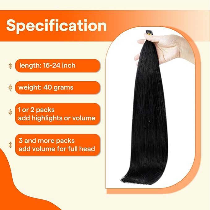 Full Shine I Tip Hair Extensions Human Hair Color 1 Jet Black 16 Inch 40 Grams Itip Human Hair Extensions Natural Remy Hair for Women Cold Fusion Prebonded Extensions