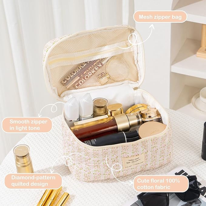 Makeup Bag for Women 3PCS Quilted Cotton Make Up Bag Travel Cosmetic Bag Large Makeup Bag Set Cute Makeups Organizer Floral Toiletry Pouch for Purse, Pink Floral C