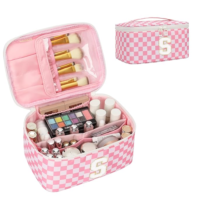 OCHEAL Makeup Bag for Women, Monogram Cosmetic Bag with Brush Holder, Pink Travel Makeup Case Beauty Toiletry Bag Organizer Personalized Gifts for Girls Bridesmaid, Sister, Wife, Friends Initial S