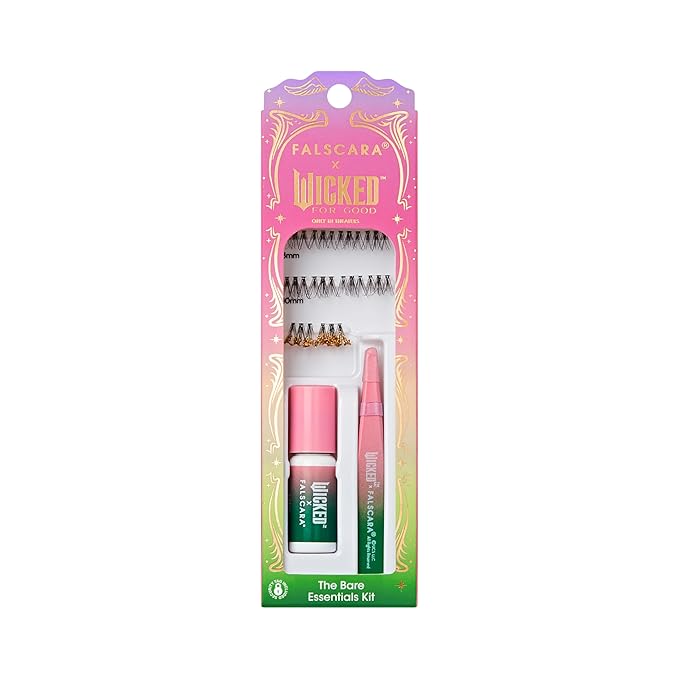 FALSCARA X WICKED: FOR GOOD False Eyelashes, ‘Go on, You're Free’, 8mm-10mm Natural Volume, Gold Glitter, Lash Extension Kit Includes Mini BOND, Mini Applicator, & 10 Lash Clusters