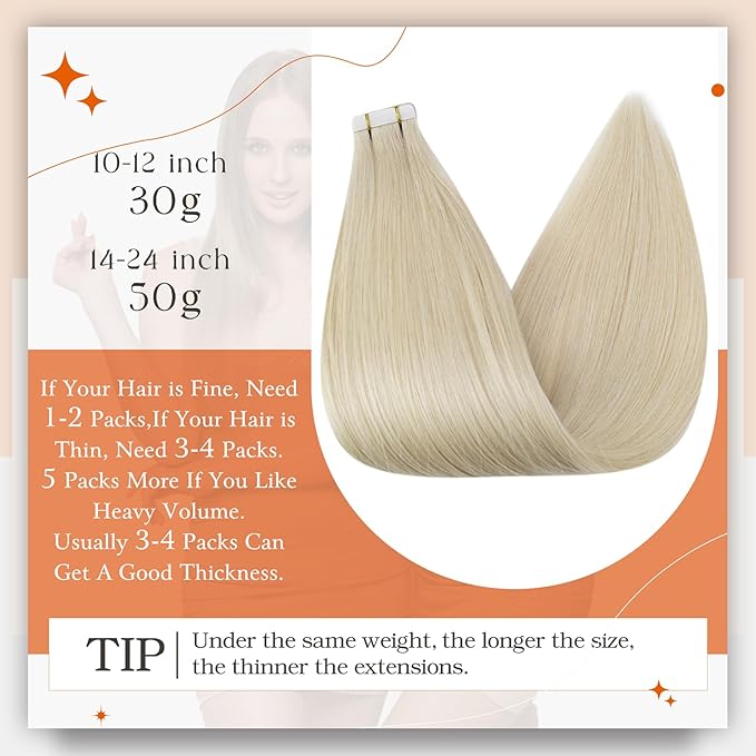 Full Shine Pu Tape in Hair Extensions Human Hair Blonde Tape in Extensions Silky Brazilian Human Hair Blonde Color 613 Double Sided Adhesive Tape ins Human Hair Extensions 24 Inch 50 Gram 20Pcs