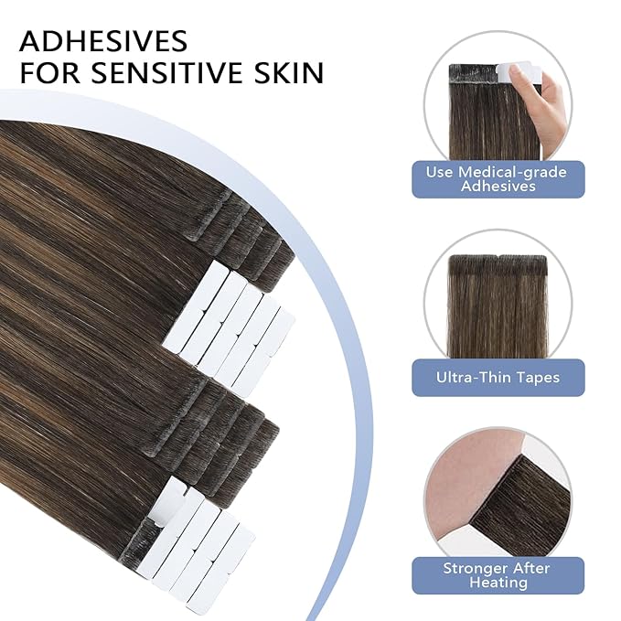 COOKAYU Invisible Tape in Hair Extensions, Balayage Dark Brown to Dirty Blonde 18Inch 20pcs 40g/pack Straight Real Human Hair Invisible Injected Tape in Extensions