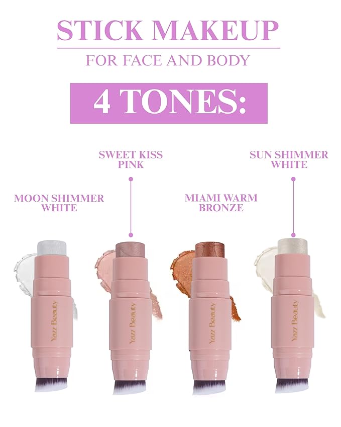 YazzBeauty Makeup Highlighter Stick with Brush– Sun Shimmer White | Brightening & Glowy Finish | Lightweight Formula for Face