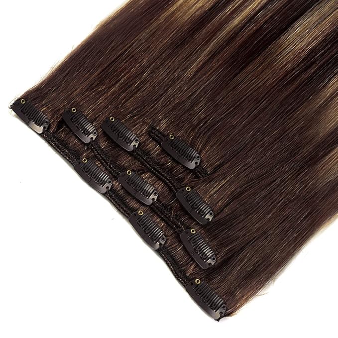 14" Clip in Hair Extensions Balayage Human Hair for Women - 4pieces Silky Straight Chocolate Brown to Honey Blonde Highlight Brown Ombre Hair 50grams #(4T27) P4 Color