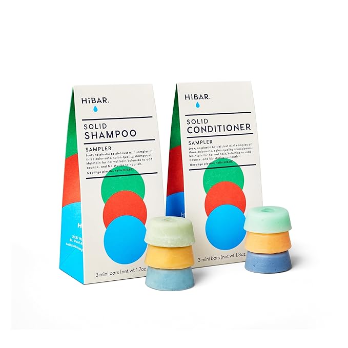 HiBAR - Shampoo & Conditioner Sampler Set - Maintain, Moisturize & Volumize Bars - Travel-Friendly - Salon-Quality Ingredients - Plastic, Soap, Paraben & Sulfate-Free - Color Safe - 6 Mini Solid Bars