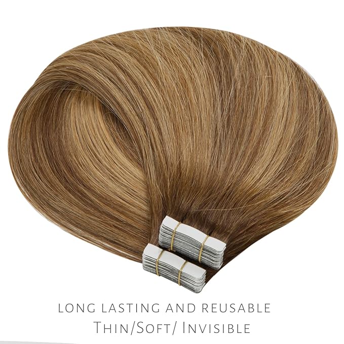 Lacer Human Hair Extensions Tape in 100 Grams 40 Pieces Natural Straight Chocolate Brown to Strawberry Blonde Highlights Color Tape in Hair Extensions R#4-4/27 20 Inches