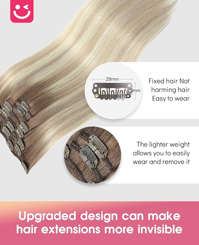 Youngsmile Clip in Hair Extensions Human Hair, 18Inch 7Pcs 120g Human Hair Extensions Clip in Balayage Ash Brown Fading to Platinum Blond mixed Ash Blond (CLIP#8/60/18-18Inch)