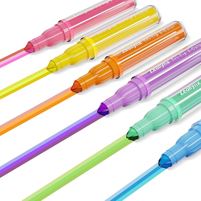 Triple-Tip Highlighters Assorted Colors, 6 Pack No-Bleed Highlighters with 3 Tips per Pen, 18 Multi Colors, Quick-Dry Ink for Journaling, Note Taking & Planner Supplies