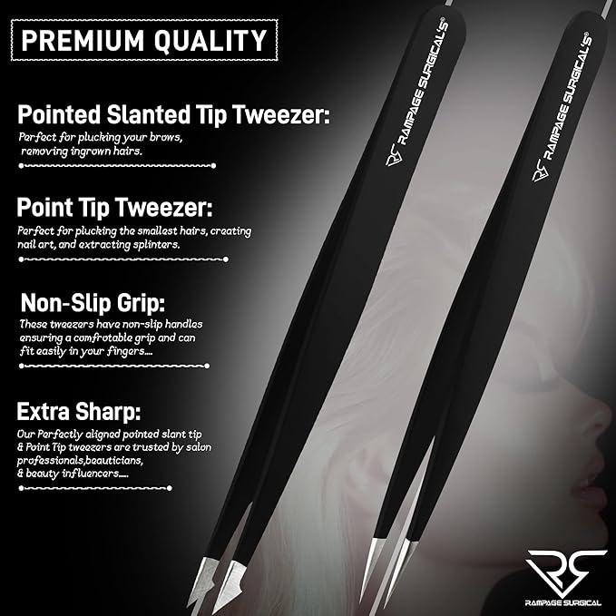 Professional Tweezers Pointed & Slanted for Eyebrow Stainless Steel 2, Pcs Set, Pointed Slant Tip Tweezers for Facial Hair, Plucking Removing Ingrown Hairs, Tweezer for Women Men (Black)