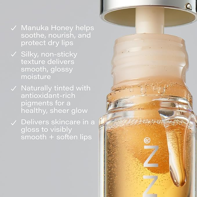 SKINN Luminous Golden Lip Oil - Support Collagen Production, Smooth Lines & Soothe Dry Cracked Lips - Hydrating Lip Gloss & Oils Improves Elasticity, Texture & Luminosity - Vitamin C & Manuka Honey