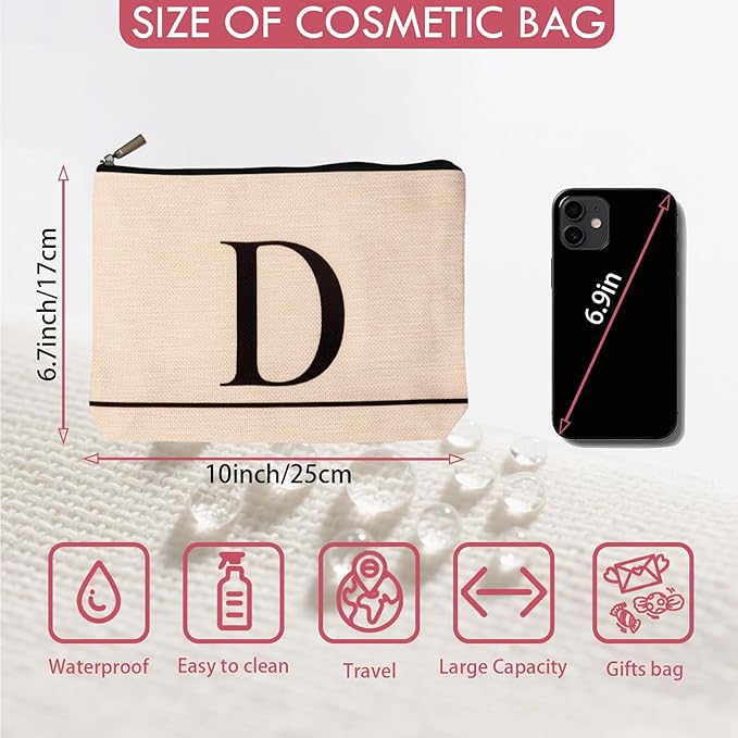 Letter A-Z Initial Personalized Makeup Bags, Birthday Gifts for Women, Monogrammed Gifts for Women Mom Sister Best Friend Bride Bridesmaid, Mothers Day, Christmas, Small Travel Cosmetic Bag (D)