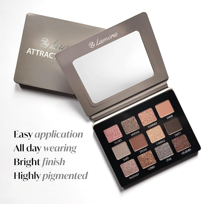 Lamora Nude Neutral Eyeshadow Palette - 12 Natural Highly Pigmented Shimmer & Matte Shades - Travel Size Makeup Palette with Mirror