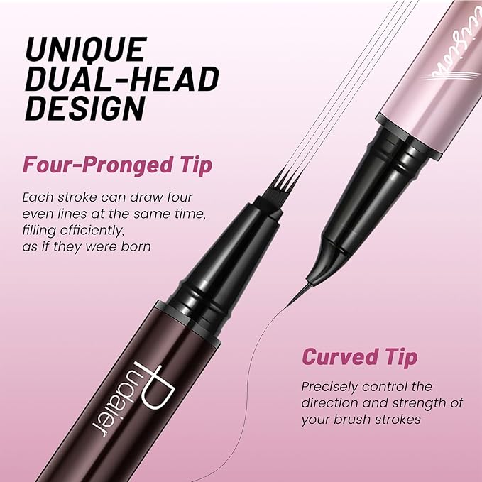 2-in-1 Curved Eyebrow Pen and Eyeliner with 10Pcs Brow Stencils, Microblading Eyebrow Pencil with 4 Fork-Tip and Curved Precise Tip, Waterproof and Long Lasting Eyebrow Pencils for Women, Dark Brown