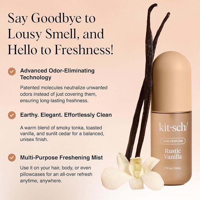 Kitsch Hair Perfume for Women - Rustic Vanilla | Clean, Deodorizing & Patented Odor-Eliminating Technology Hair Spray & Body Mist - Freshen Hair, Pillows - Warm Tonka, Vanilla & Cedar Blend - 50 mL