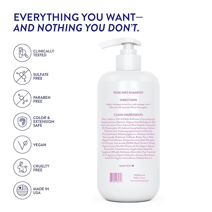 Routine Wellness Anti-Thinning Shampoo for Thinning Hair - Biotin DHT Blocker Women & Men - Color Safe Shampoo for Hair Loss & Healthy Hair - Rose Hips 14oz (Pack of 2)