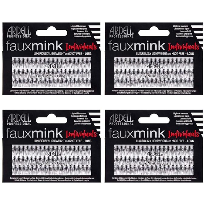 Ardell Faux Mink Individual Lashes - Long Black, Lightweight, Natural-Looking DIY Lash Clusters, Reusable Fake Eyelashes, 4 Pack