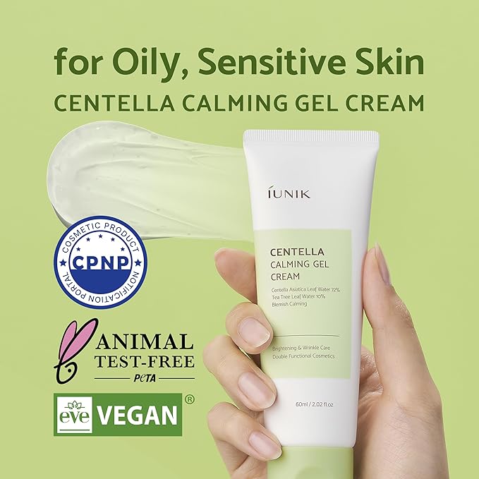 IUNIK Centella 70% Calming Gel Cream Vegan Non-Sticky Moisturizing Blemish Care w/Centella Asiatica Tea Tree 10% Soothes Acne Rosacea Oily & Sensitive Skin Korean Skincare BOGO 1+1