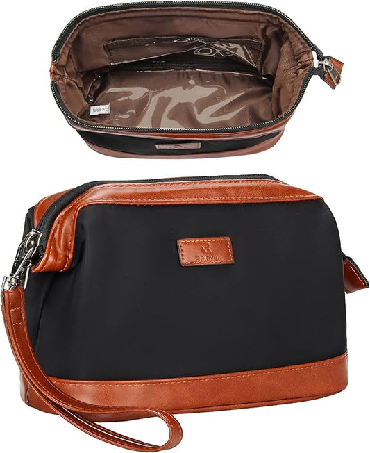 Relavel Travel Makeup Bag, Cosmetic Bag Makeup Organizer Bag Zipper Pouch for Purse Large Capacity Toiletry Bag Portable Waterproof Travel Accessories Skincare Make Up Bag (Brown), 1-Small