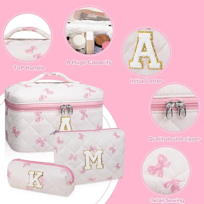 Initial Makeup Bag Set, Personalized Quilted Makeup Bag, Large Floral Cosmetic Bag for Women, Cute Cotton Custom Make up Bags, Flower Travel Toiletry Bag Teen Girl Gift Pink Butterfly M