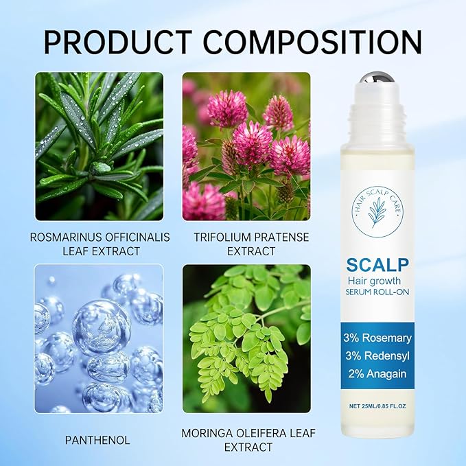 Rosemary Hair Growth Serum Roll On, 3% Rosemary 3% RedensyI & 2% Anagaln Hair Beard Growth Serum, Thicker Stronger Hair Beard, Prevents Hair Fall Stimulates Hair Follicles for All Hair Types - 25ml