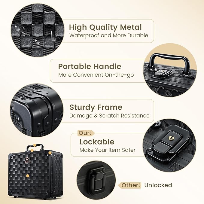 Makeup Case with Magnetic Lighted Mirror 10.15 IN Makeup Organizer Box Travel Cosmetic Case with 3 Colors LED Mirror Portable Vanity Make up Suitcase with Dividers Brush Holder Lock Black Checkerboard