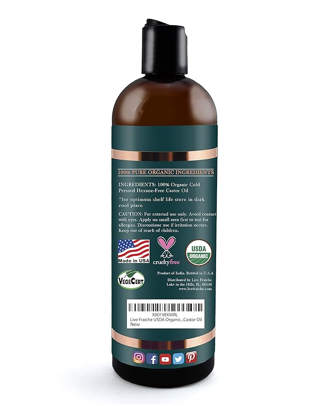 Live Fraiche Organic Castor Oil (16oz) + Filled Mascara Tube - 100% Pure Hexane Free Cold Pressed Castor Oil for Skin and Face - Hair Growth for Eyelashes and Eyebrows Scalp & Hair Treatment Oil