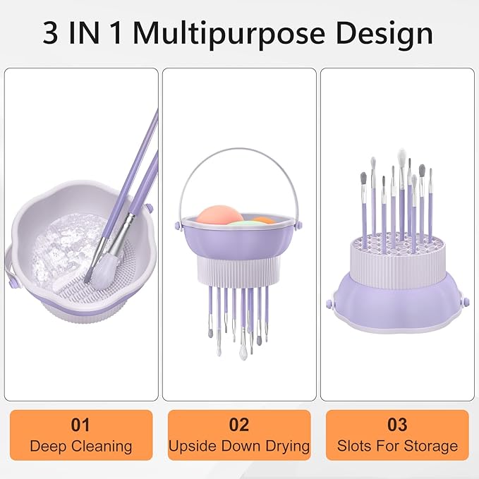 senbowe 3 in 1 Makeup Brush Cleaner Mat, Silicone Makeup Brush Cleaner Bowl Cosmetic Brushes Cleaning Pad Tool Organizer for Storage and Air Drying, Make Up Brush Washing Tool for Sponge