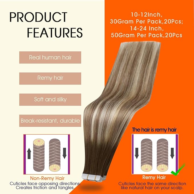 Full Shine Balayage Tape in Hair Extensions 24Inch Tape in Extensions 3/8/22 Brown to Ash Brown Mix Light Blonde Human Hair Double Sided Tapes ins 20Pcs 50G Straight Seamless Skin Weft Add length