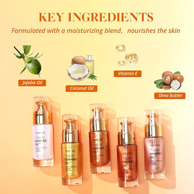 Liyalan Shimmer Body Oil 5 Color Options 1.0 fl.oz Face Glow Pearl Highlighter Illuminator Long-Lasting Shine Glitter Liquid Tanning with Makeup Brush Included (#03 Bronze Gold)