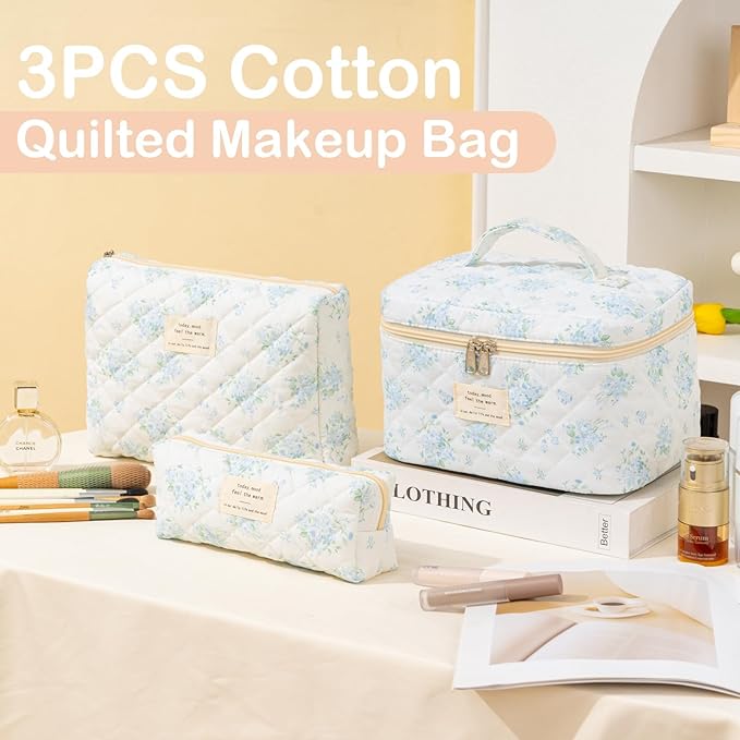 Makeup Bag for Women 3PCS Quilted Cotton Make Up Bag Travel Cosmetic Bag Large Makeup Bag Set Cute Makeup Bags Organizer Floral Toiletry Bag Makeup Pouch, Blue