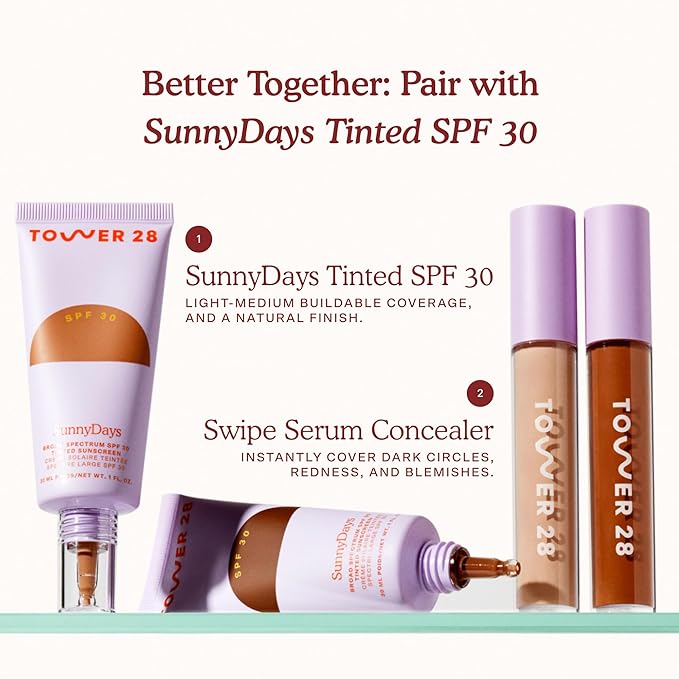 Tower 28 Beauty Swipe Serum Concealer - Hydrating Buildable Medium-Coverage Concealer with Skincare Benefits for Sensitive Skin - Shade 20 SGV, Deep with Warm Undertones, 0.22 Fl Oz