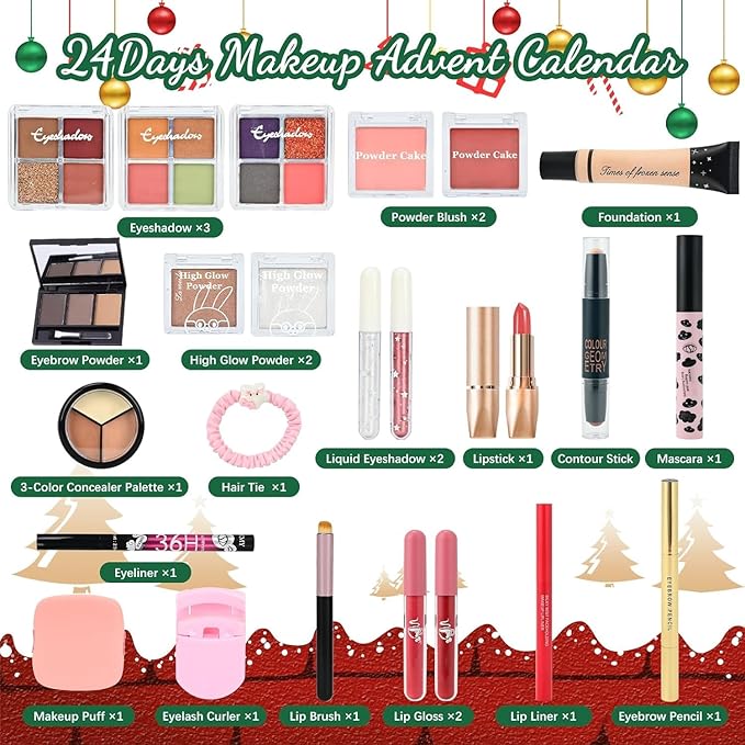 Makeup Advent Calendar 2025 for Women & Teen Girls, 24 Days Christmas Countdown Calendar Beauty Gift Set, 2025 Xmas Gift Surprise Box Calendar Full Makeup Kit