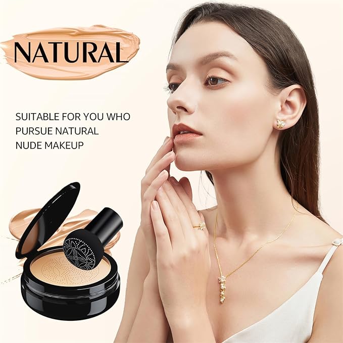 Mushroom Head Air Cushion CC Cream - BB Cream Foundation for Concealer Full Coverage Skin Moisturizing, Brighten Long - Lasting Even Color Correcting for All Skin Types (Natural)