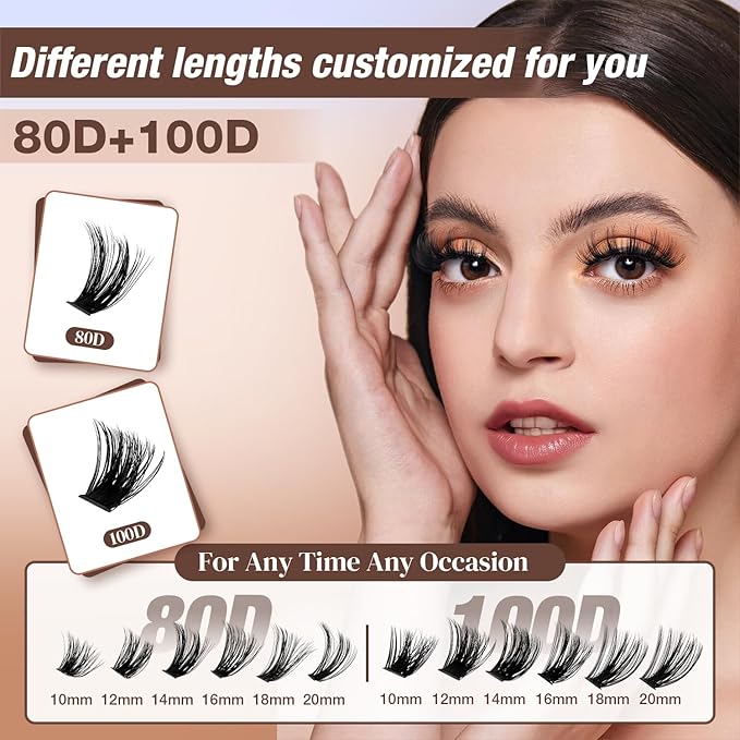 Lash Clusters Kit, DIY Cluster Eyelash Extensions 10‑20mm, 80D+100D, 216pcs Fluffy D Curl Natural Lashes with Bond & Seal,Remover,Tweezers – Fake Cat Eye Individual Clusters