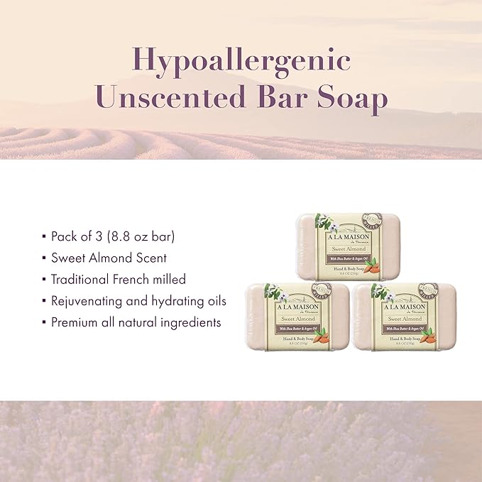 A LA MAISON Triple French Milled Bar Soap, 8.8 Ounces - Natural Moisturizing Hand Soap Bar (3 Bar of Soap, 8.8 Ounces, Sweet Almond)